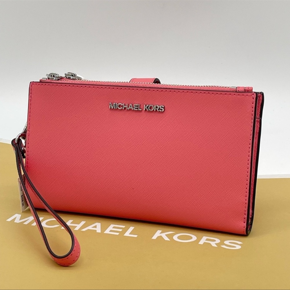 Michael Kors Large Double Zip Wallet Wristlet Leather Pink/Gold - Picture 3 of 8